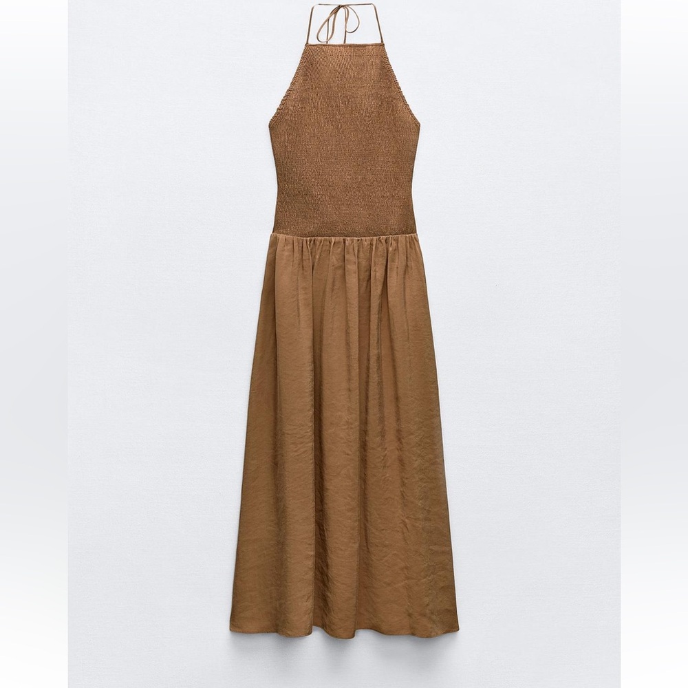 New Zara brown flowy halter midi low waist dress with pockets